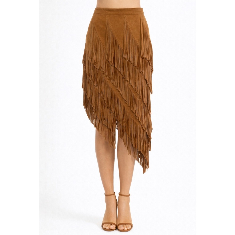 INTERMIX‎ Genuine Leather Suede Fringe Asymmetrical Skirt Brown Layered P NWT